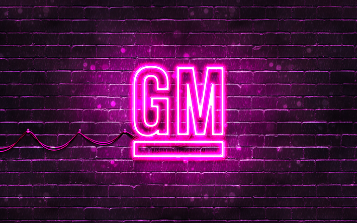general motors lila logo, 4k, lila brickwall, general motors logo, automarken, general motors neon logo, general motors