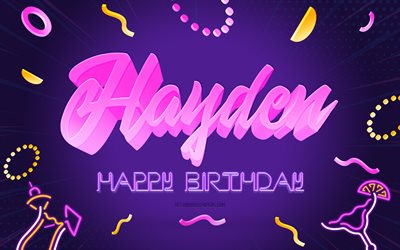 happy birthday hayden, 4k, purple party hintergrund, hayden, kreative kunst, happy hayden geburtstag, hayden name, hayden geburtstag, geburtstag party hintergrund