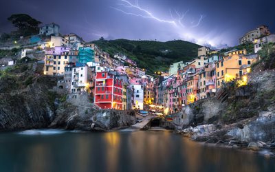 Riomaggiore, evening, sunset, Ligurian coast, Cinque Terre, lightning, bay, sea coast, Italy