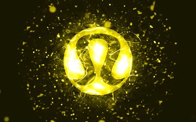 lululemon athletica logo giallo, 4k, luci al neon gialle, creativo, sfondo astratto giallo, logo lululemon athletica, marchi, lululemon athletica