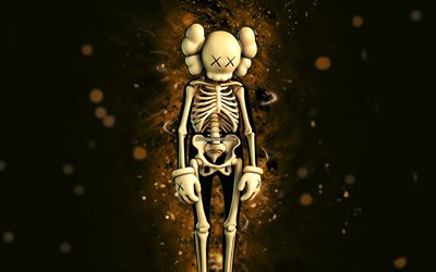 kaws skelett, 4k, gelbe neonlichter, fortnite battle royale, fortnite charaktere, kaws skelett haut, fortnite, kaws skelett fortnite