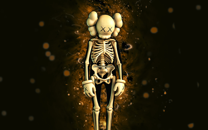 kaws skeleton, 4k, n&#233;ons jaunes, fortnite battle royale, personnages fortnite, kaws skeleton skin, fortnite, kaws skeleton fortnite