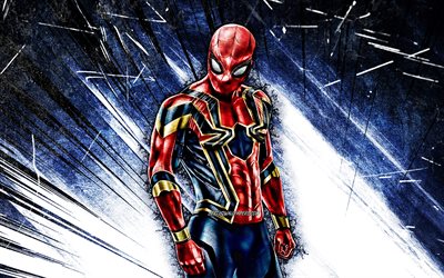 4k, Iron Spider, grunge art, superheroes, Marvel Comics, blue abstract rays, Iron Spider Armor, Iron Spider 4K