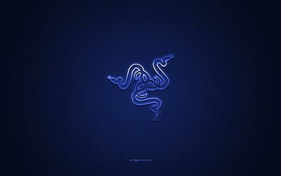 logotipo razer, emblema de metal, textura de carbono azul, razer, marcas, fundo azul, emblema razer