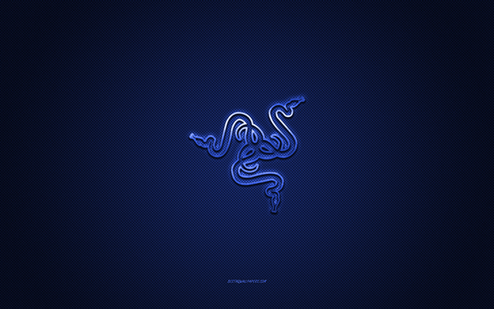 Razer logo, metal emblem, blue carbon texture, Razer, brands, blue background, Razer emblem