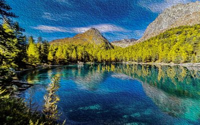 lago di saoseo, lago de montaña, suiza, arte de pintura, pintura de lago di saoseo, paisaje de montaña, arte, los alpes, pinturas de lago