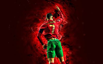 4k, Cristiano Ronaldo, back view, Portugal National Team, football stars, red neon lights, footballers, soccer, Portuguese football team, CR7, Cristiano Ronaldo 4K