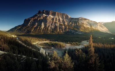 Mountains, sunset, forest, Canada, river, mountain landscape