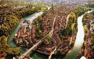 Bern, river, bro, vy fr&#229;n ovan, Schweiz