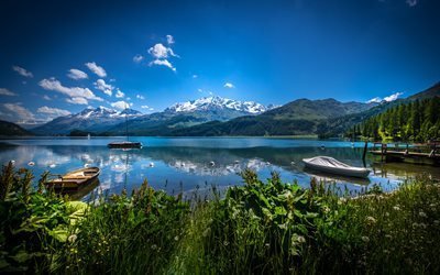 Alpes, Suiza, lago, monta&#241;as, verano, muelle