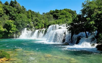 滝, 夏, Krka川, 森林, クロアチア, Krka国立公園