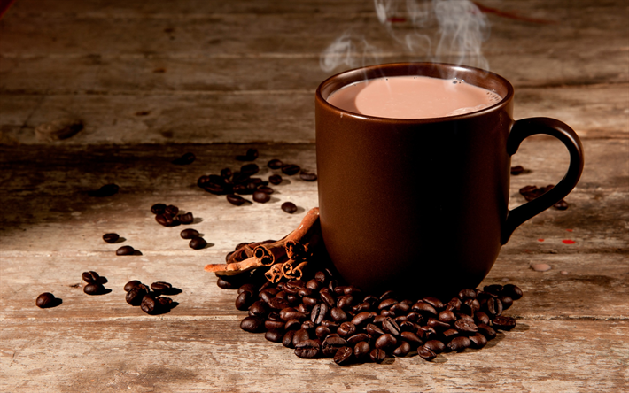 一杯のコーヒー, コーヒー豆, 淹れたてのコーヒー, 茶色のカップ, コーヒーの概念