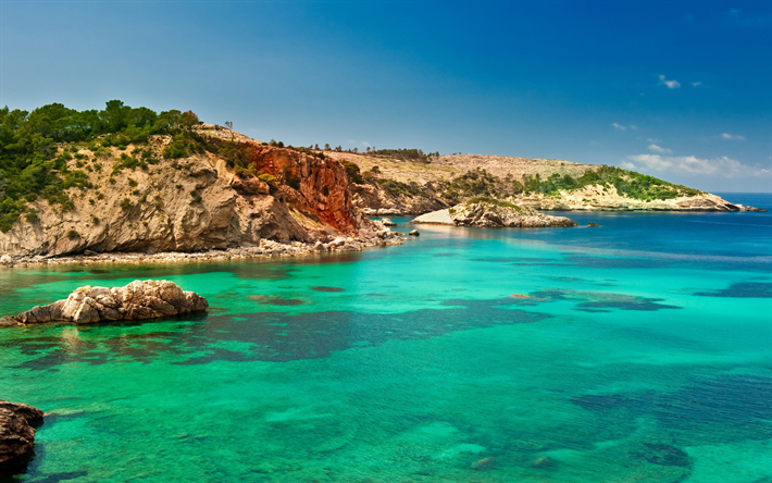 Ibiza, ver&#227;o, Mar Mediterr&#226;neo, costa, lagoa azul, mar, Espanha