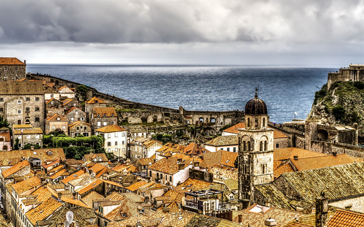 Dubrovnik, hdr, horizonte urbano, Mar Adri&#225;tico, Mar Mediterr&#225;neo, tiempo nublado, Croacia