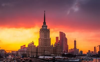 Moscow, Moscow State University, sunset, Soviet architecture, metropolis, Moscow river, Russia