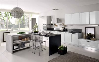 modern design of the kitchen, stylish accessories, white kitchen, modern interior, creative chandelier