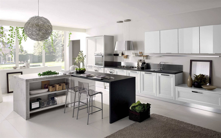 mutfak modern tasarım, şık aksesuarları, beyaz mutfak, modern, yaratıcı avize