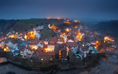 Whitby, North Yorkshire, England, evening, city lights, fog, little village