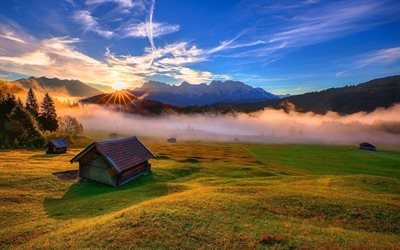 Bavaria, sunset, hut, mountains, hills, Germany, Europe