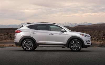 Hyundai Tucson, 2019, 4k, exterior, vista lateral, cruzamento, branco novo Tucson, Carros coreanos, Hyundai