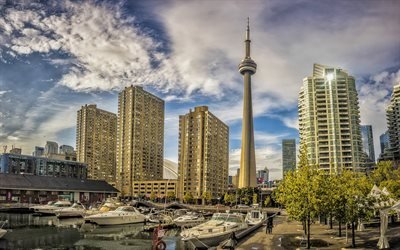 CN Tower, Toronto, Harbourfront, skyscrapers, spring, cityscape, Ontario, Canada