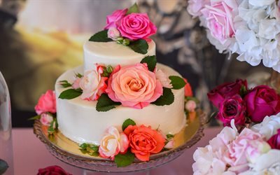 wedding cake, pastries, cake with roses, food decorations, cakes, wedding concerts