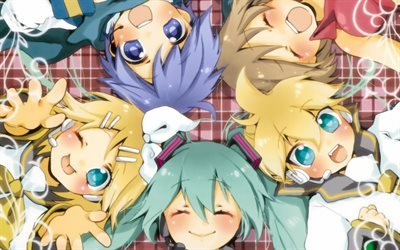 Kagamine Len, Kagamine Rin, Hatsune Miku, Kaito, Meiko, manga, art, Vocaloid