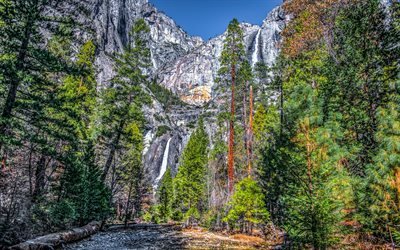 Yosemite, waterfall, rock, mountain landscape, forest, mountains, HDR, mountain river, California, USA