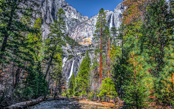Yosemite, vattenfall, rock, bergslandskapet, skogen, berg, HDR, berg river, Kalifornien, USA