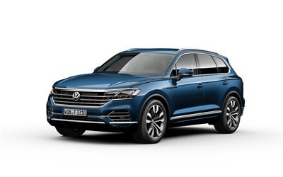 Volkswagen Touareg, 2019, 4k, SUV de luxo, azul novo Touareg, Carros alem&#227;es, Volkswagen