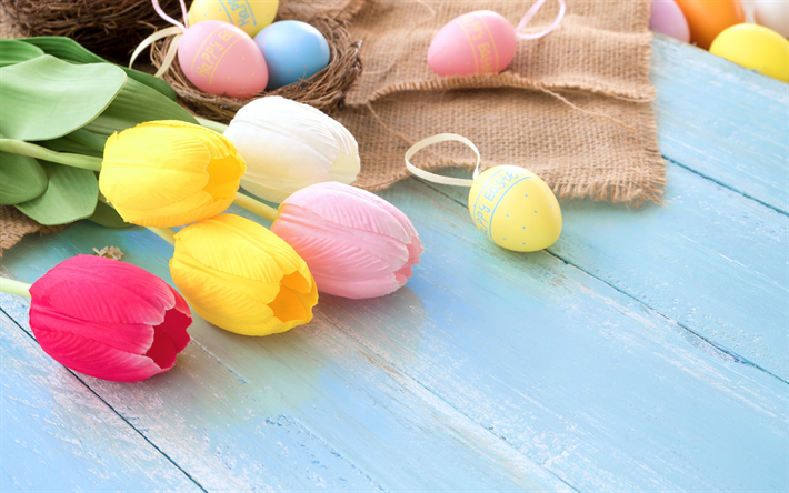 Easter, colorful tulips, Easter eggs, spring flowers, Happy Easter