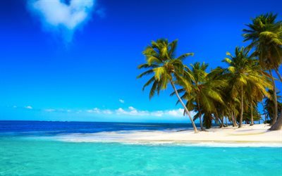de l&#39;oc&#233;an, tropical, &#238;le, lagune bleue, l&#39;&#233;t&#233;, les palmiers, la plage, le bleu ciel, le paradis de sable blanc