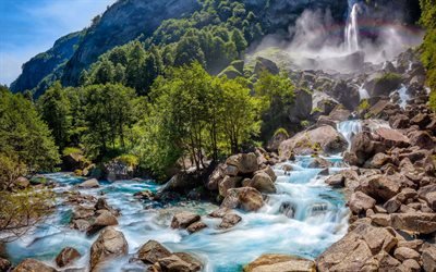 cascata, montagna, fiume, paesaggio, primavera, arcobaleno, foresta, acqua blu, Svizzera, Alpi