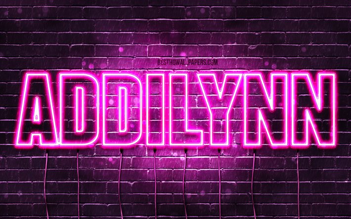 Addilynn, 4k, wallpapers with names, female names, Addilynn name, purple neon lights, horizontal text, picture with Addilynn name