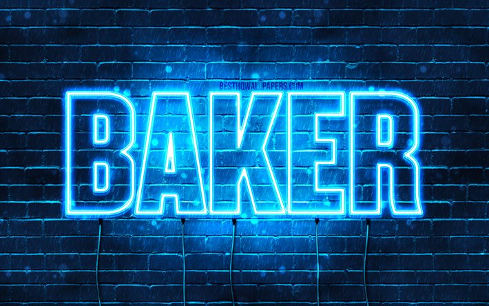 Baker, 4k, pap&#233;is de parede com os nomes de, texto horizontal, Baker nome, luzes de neon azuis, imagem com Baker nome
