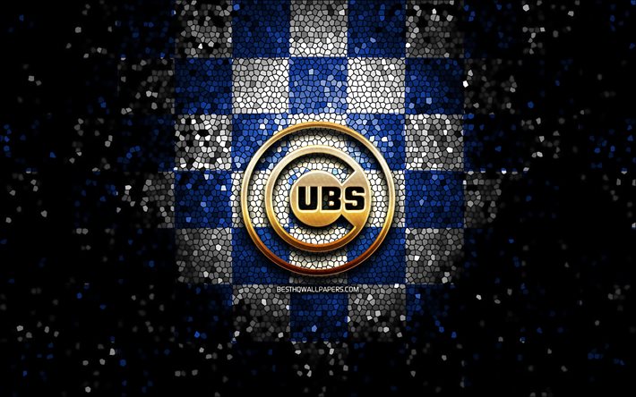 chicago cubs, glitter, logo, mlb, blau, wei&#223; karierten hintergrund, usa, amerikanische baseball-team chicago cubs logo -, mosaik-kunst, baseball, amerika