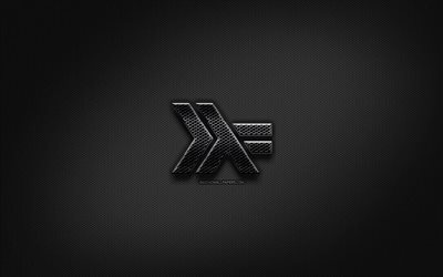 Haskell black logo, programming language, grid metal background, Haskell, artwork, creative, programming language signs, Haskell logo