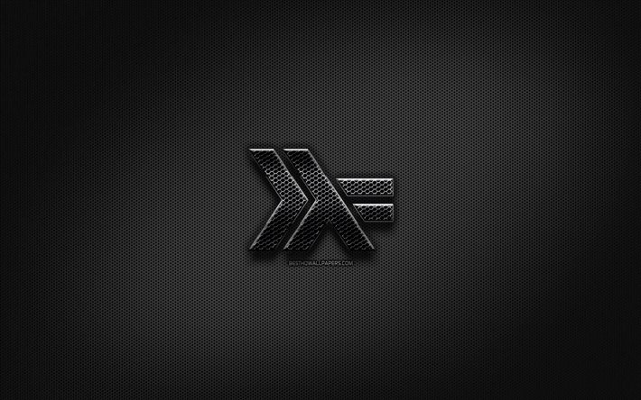 Haskell-svart logo, programmeringsspr&#229;k, rutn&#228;t av metall bakgrund, Haskell, konstverk, kreativa, programmeringsspr&#229;k tecken, Haskell logotyp
