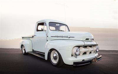 Ford F1, retro cars, 1952 cars, white pickup, tuning, 1952 Ford F1, pickup truck, american cars, Ford