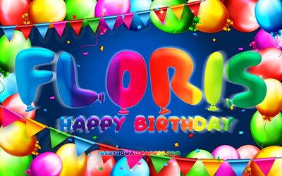 Happy Birthday Floris, 4k, colorful balloon frame, Floris name, blue background, Floris Happy Birthday, Floris Birthday, popular dutch male names, Birthday concept, Floris