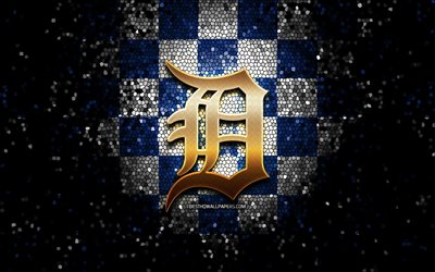 Detroit Tigers, glitter logo, MLB, blue white checkered background, USA, american baseball team, Detroit Tigers logo, mosaic art, baseball, America