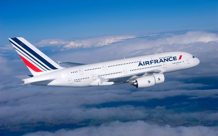 Airbus А380, Air France, largest passenger airliner, twin-aisle aircraft, wide-body aircraft, air travel, airplane in the sky, Airbus