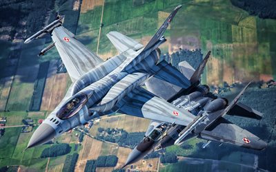 General Dynamics F-16 Fighting Falcon, two fighters, Polish Air Force, jet fighter, General Dynamics, Polish Army, Flying F-16, fighter, F-16, combat aircraft