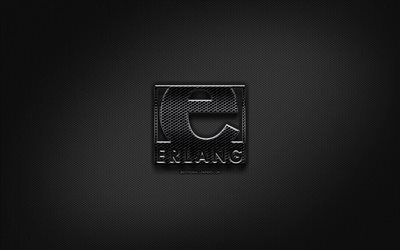 Erlang black logo, programming language, grid metal background, Erlang, artwork, creative, programming language signs, Erlang logo