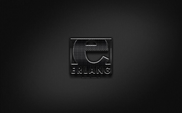 Erlang logo nero, linguaggio di programmazione, griglia in metallo, sfondo, Erlang, opere d&#39;arte, creativo, linguaggio di programmazione segni, Erlang logo