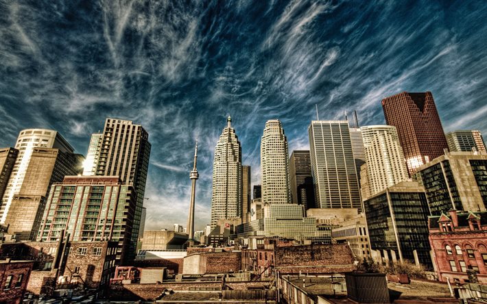 Toronto, CN-Torni, Kiertue CN, illalla, pilvenpiirt&#228;ji&#228;, kaupunkikuva, moderneja rakennuksia, Ontario, Kanada, Toronton kaupunkikuva