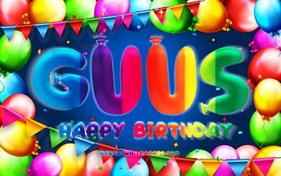 Buon Compleanno Guus, 4k, palloncino colorato telaio, Guus nome, sfondo blu, Guus buon Compleanno, Guus Compleanno, popolare olandese nomi maschili, feste di Compleanno, concetto, Guus