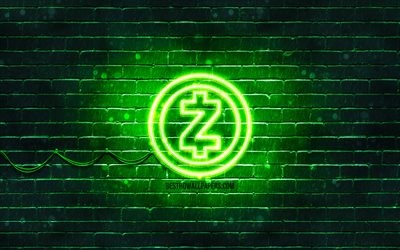Zcash green logo, 4k, green brickwall, Zcash logo, cryptocurrency, Zcash neon logo, cryptocurrency signs, Zcash