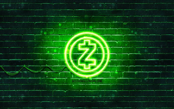 Zcash الأخضر شعار, 4k, الأخضر brickwall, Zcash شعار, cryptocurrency, Zcash النيون شعار, cryptocurrency علامات, Zcash