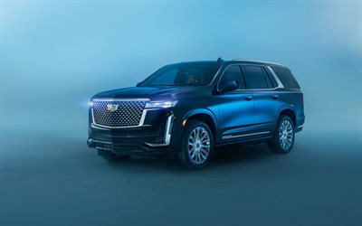 Cadillac Escalade, 2021, front view, exterior, large luxury SUV, new blue Escalade, american cars, Cadillac